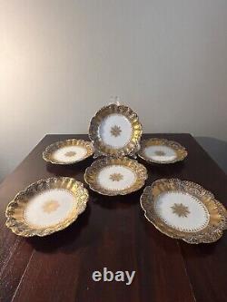 6 LS&S Limoges France Plates 6 HandPainted Scroll Heavy Gold Gilt Starburst