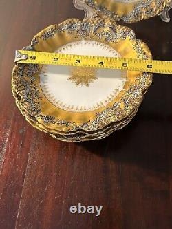 6 LS&S Limoges France Plates 6 HandPainted Scroll Heavy Gold Gilt Starburst