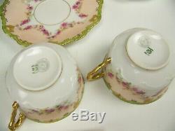 6 Limoges Hand Painted Roses Swags Green Raised Gold Tea Cups & Saucers Lot B