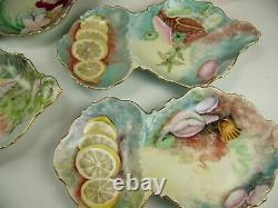 6 Limoges Hand Painted Seafood Oyster Trays Dishes