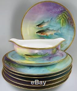 6pc Antique Hand Painted Ballery LIMOGES Fish Plates with Matching Sauce Boat