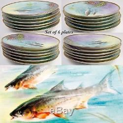 6pc Antique Hand Painted Ballery LIMOGES Fish Plates with Matching Sauce Boat