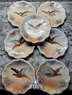 7 Limoges Antique Game Bird Theme Porcelain Plates (8.75) Signed Dubois