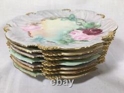 (7) T & V Limoges 8.25 Inch SCALLOPED HANDPAINTED PLATES with Roses c1905/1907