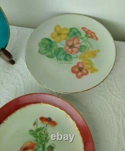 7 Vintage Limoges Hand Painted Artist Signed Plate Flowers Centers Gold Rim