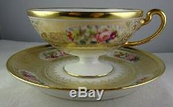 8 Antique Guerin Limoges Footed Cup & Saucer Sets Heavy Gold Hand Painted Floral