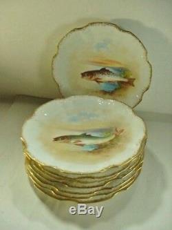 8 Hand Painted Artist Signed Limoges Fish Plates L. Straus & Sons 1900 Rare