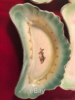 9 Antique LIMOGES China Crescent Bone Dishes Hand Painted Fish Designs Gold Trim