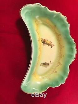 9 Antique LIMOGES China Crescent Bone Dishes Hand Painted Fish Designs Gold Trim