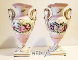 9 Limoges Porcelain Urn Lamp Vase Hand Painted Pink Roses Swan Handles Gold Tri