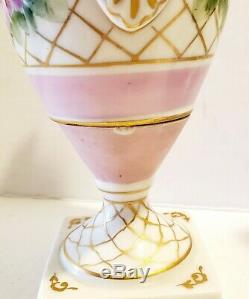 9 Limoges Porcelain Urn Lamp Vase Hand Painted Pink Roses Swan Handles Gold Tri