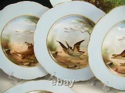 9 Pieces Old Paris Pink Handpainted Hunting Dod Games Plates + Platter Set