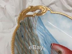 AK Limoges Fish Koi Porcelain Platter France HandPainted Gold Gilt/Trim Antique
