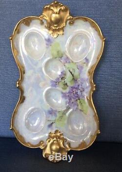 AK Limoges France Deviled Egg Serving Tray Handpainted Early 1900s Heavy Gold
