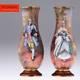 Antique 20thc French Limoges Pair Of Hand Painted Enamel Vases C. 1910