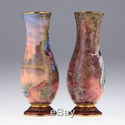 ANTIQUE 20thC FRENCH LIMOGES PAIR OF HAND PAINTED ENAMEL VASES c. 1910