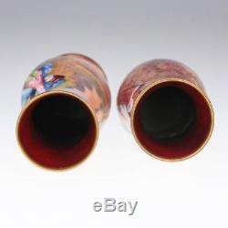 ANTIQUE 20thC FRENCH LIMOGES PAIR OF HAND PAINTED ENAMEL VASES c. 1910
