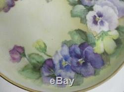 ANTIQUE DILINIERES & CO HAND PAINTED LIMOGES PEDESTAL CAKE PLATE w PANSY FLOWERS
