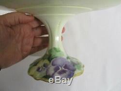 ANTIQUE DILINIERES & CO HAND PAINTED LIMOGES PEDESTAL CAKE PLATE w PANSY FLOWERS
