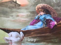ANTIQUE HAND PAINTED LIMOGES Woman Duck Artist SIGNED PLATE