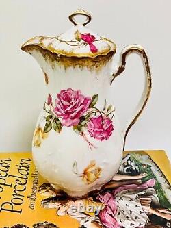 ANTIQUE LIMOGES 1900s HAND PAINTED ROSES FLORAL COFFEE, CHOCOLATE POT, CHIPS