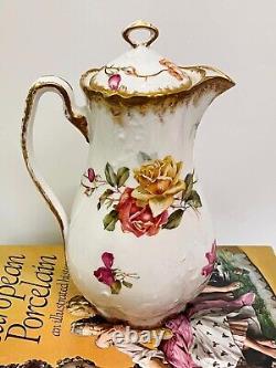 ANTIQUE LIMOGES 1900s HAND PAINTED ROSES FLORAL COFFEE, CHOCOLATE POT, CHIPS