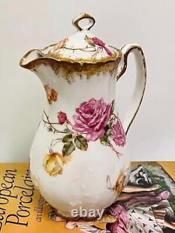 ANTIQUE LIMOGES 1900s HAND PAINTED ROSES FLORAL COFFEE, CHOCOLATE POT, CHIPS