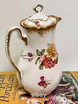 ANTIQUE LIMOGES 1900s HAND PAINTED ROSES FLORAL COFFEE, CHOCOLATE POT, CHIPS