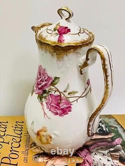 ANTIQUE LIMOGES 1900s HAND PAINTED ROSES FLORAL COFFEE, CHOCOLATE POT, CHIPS