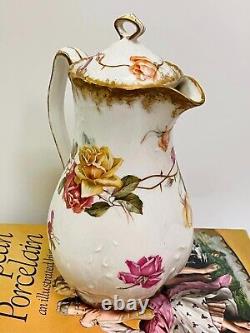 ANTIQUE LIMOGES 1900s HAND PAINTED ROSES FLORAL COFFEE, CHOCOLATE POT, CHIPS