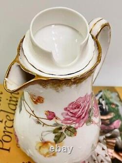 ANTIQUE LIMOGES 1900s HAND PAINTED ROSES FLORAL COFFEE, CHOCOLATE POT, CHIPS