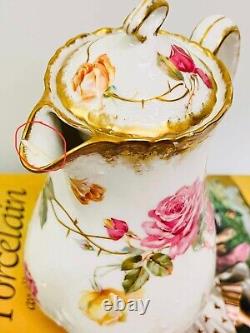 ANTIQUE LIMOGES 1900s HAND PAINTED ROSES FLORAL COFFEE, CHOCOLATE POT, CHIPS