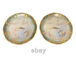 ANTIQUE LIMOGES ELITE FRANCE Cabinet Dinner Heavy Gold Fish Plates Handpainted