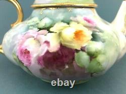 ATQ A. K. France Limoges Hand Painted Roses Teapot Heavy Gold Trim Artist Signed