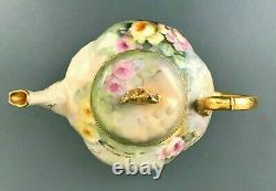 ATQ A. K. France Limoges Hand Painted Roses Teapot Heavy Gold Trim Artist Signed