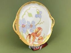 ATQ La Seynie P&P Limoges Gold Trim Hand Painted Blue Orchid Handled Cake Plate