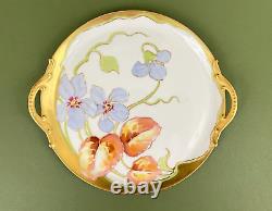 ATQ La Seynie P&P Limoges Gold Trim Hand Painted Blue Orchid Handled Cake Plate