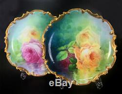 A. Bronssillon signed, Pair of hand-painted roses Limoges France porcelain cha