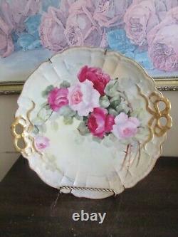A L Limoges France Hand Painted Charger Cake Plate Pink Red Roses Signed 10 3/4