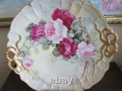 A L Limoges France Hand Painted Charger Cake Plate Pink Red Roses Signed 10 3/4