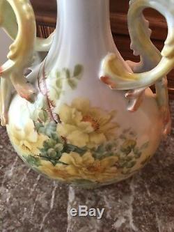 Antique 13 Vase Limoges 1898 Fancy Handles Hand Painted Yellow Roses 1898