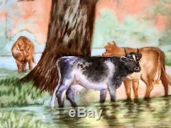 Antique 15 Hand Painted Limoges Porcelain Cows Painting Tray, Signed Braunciser
