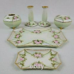 Antique 1914 Limoges Hand Painted Pink Floral Vanity Dresser Tray Set 6 Pieces