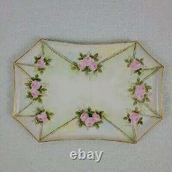 Antique 1914 Limoges Hand Painted Pink Floral Vanity Dresser Tray Set 6 Pieces