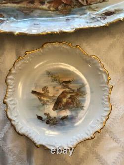 Antique 19c. Coiffe Limoges Hand Painted Gilded Fish Platter 24 with5 Plates