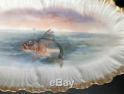 Antique 19c. Elite Limoges Entirely Hand Painted 13pc Fish Serving Set