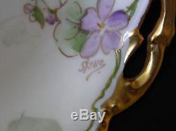 Antique A K D Limoges France Hand Painted Violets Handled Bowl Signed 7-1/4