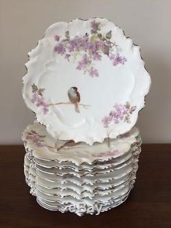Antique A. Lanternier Limoges Hand-Painted Bird Dessert Plates & Cake Stand 10