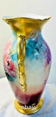 Antique Art Nouveau Hand Painted 13 Gold Vase Artist Signed Peonies Floral