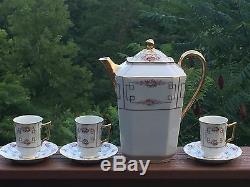 Antique Avance Limoges Chocolate Set / Coffee Set Hand Painted Roses & Gold